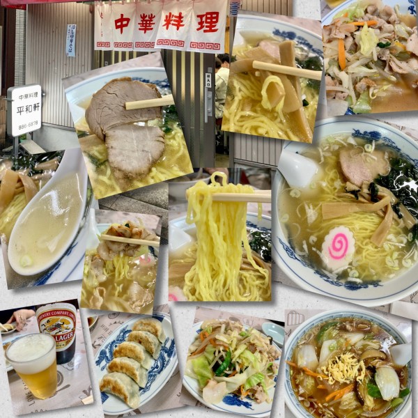 「🍺🥟＋缶🍺＋肉野菜炒め＋塩ラーメン＋うま煮そば」@平和軒の写真