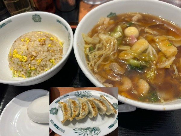 「五目あんかけラーメン餃子セット930円、半チャーハン290円」@日高屋 土浦西口店の写真