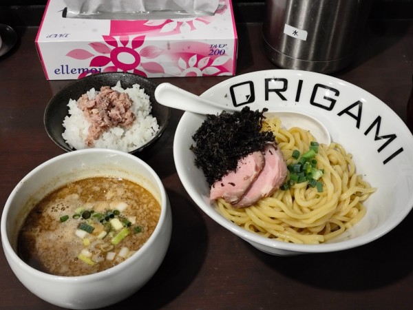 「鶏ニボ貝つけ麺　肉のせライス」@麺屋 ORIGAMIの写真