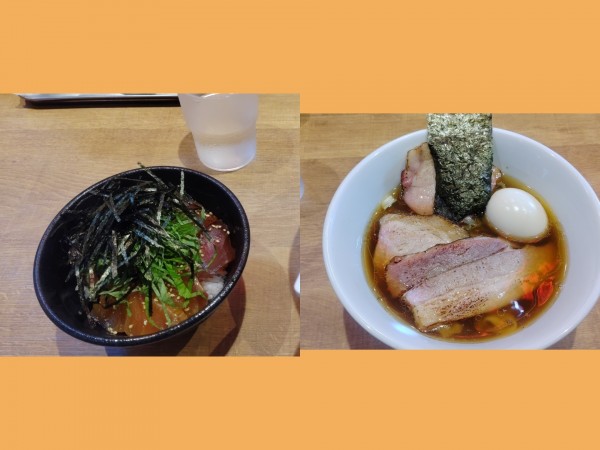 「中華そば（醤油）+各ﾄｯﾋﾟﾝｸﾞ、ヨコワとヒラマサ漬飯」@ブーランジェリー ルージュ ロワイヤルの写真