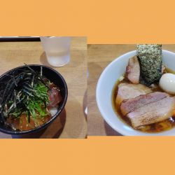 中華そば（醤油）+各ﾄｯﾋﾟﾝｸﾞ、ヨコワとヒラマサ漬飯