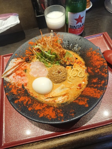 「ビンタン (小瓶) ＋ 汁あり鯛担麺 3辛 ＋ 鯛だし味玉」@恋し鯛の写真