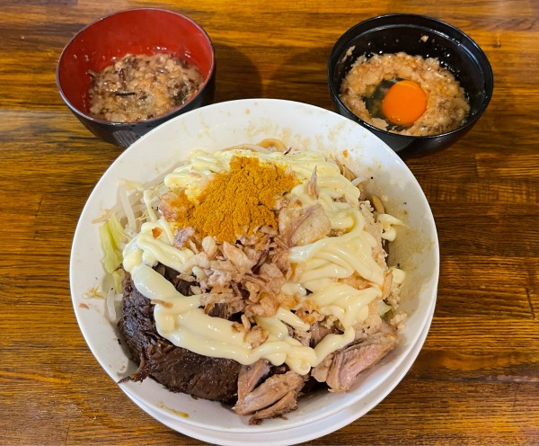 「カレー汁なし➕チーズ➕アブラヒモビッチ➕アブタマ」@道の途中の写真