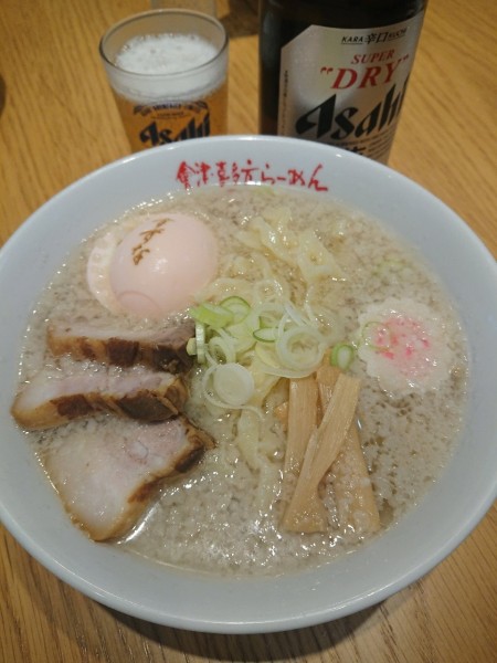 「ビール(中瓶)＋山塩ら～めん＋エビ塩煮卵＋背脂」@會津 喜多方らーめん 愛絆の写真