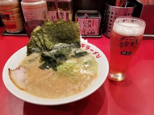 「ラーメン（硬め薄め）680円+海苔100円+金麦250円」@柏ネギラーメン 柏本店の写真