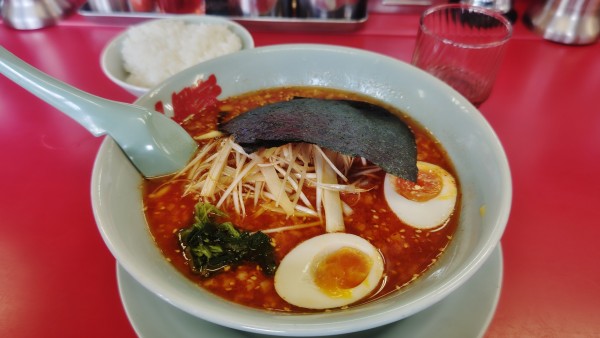 「辛味噌ネギラーメン激辛、半ライス1070円クーポン味玉」@ラーメン山岡家 音羽蒲郡店の写真