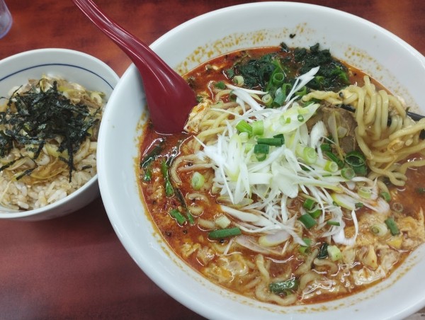 「ドラたんたんめん辛さ中級(800)＋ネギ飯(250)」@らーめん ドラごんちの写真