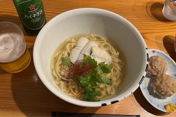 「【限定】鱧と松茸のらーめん+おかみのシウマイ+ビール」@らーめん かねかつの写真