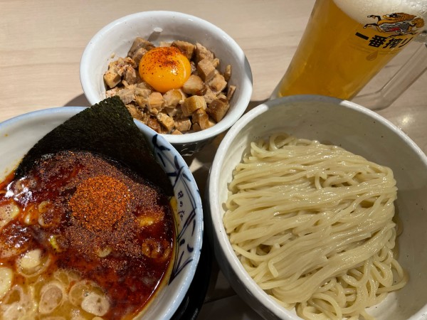 「辛々魚つけ麺(1,050円),豚ごはん(400円),生ビール(5」@麺処 井の庄 名古屋店の写真