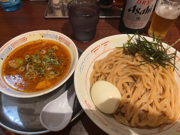 「瓶ビール→つけそば（辛味噌）大盛　ゆで卵」@紀州和歌山ラーメン まっち棒 溝の口店の写真