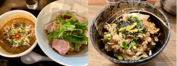 「トマトチーズつけそば(並盛) ＋つくば鶏のとり飯」@つけそば九六 龍ケ崎店の写真