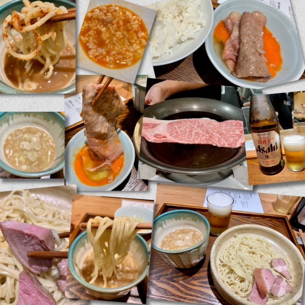 「つけめん（ニンニク醤油）＋黒毛和牛サーロインご飯+🍺」@あいだやの写真