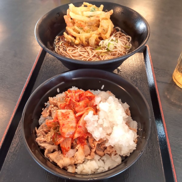 「【季節限定】豚キムおろし丼セット（￥780）＋かき揚げ（クー」@ゆで太郎 大森南店の写真