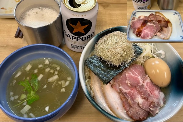 「特製昆布水つけ麺 塩+のり+ビール×2」@麺処 有彩の写真