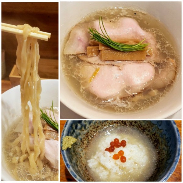 「金目鯛と蛤 塩そば（手揉みもち姫太麺）980円＋茶漬半ライス」@中華そば 先崎の写真