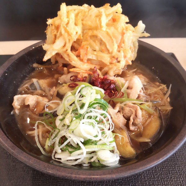 「肉茄子そば（￥650）＋かき揚げ（クーポン）」@ゆで太郎 16号白井富塚店の写真