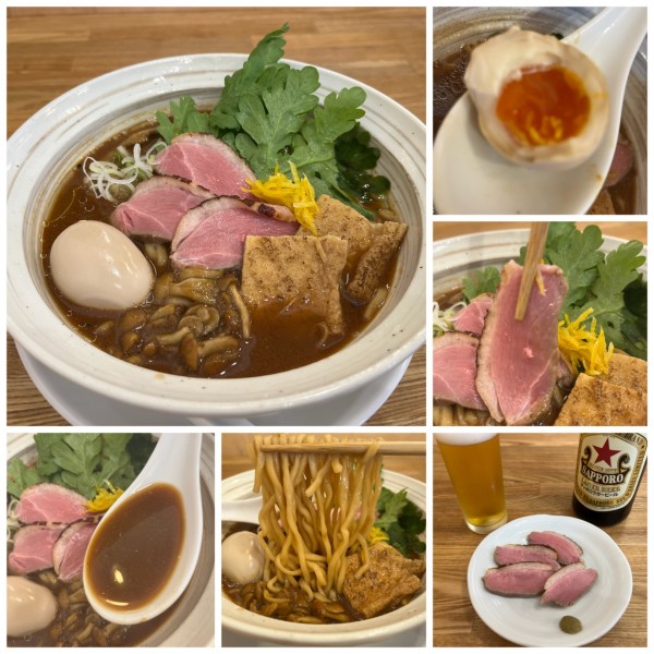 「味玉赤味噌そば1300円鴨むね肉350円ビール550円」@中華そば きなりの写真