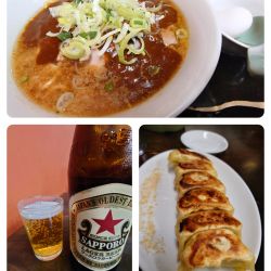 カレーラーメン+レモン餃子+サッポロ赤星(中瓶)