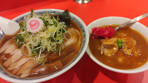 「中華そばと鶏南蛮ミニカレーのセット・大盛・薬味ねぎ」@醤油ラーメンなら ミカド製麺直売所の写真