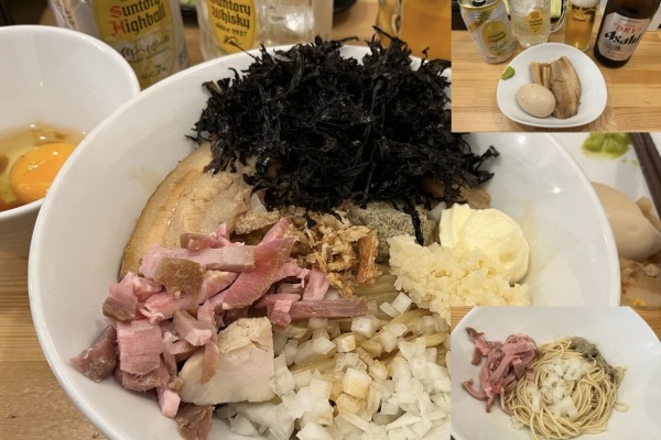 「まぜそば+岩のり+生玉子+ビンビール+和え玉」@煮干らーめん 川むらの写真