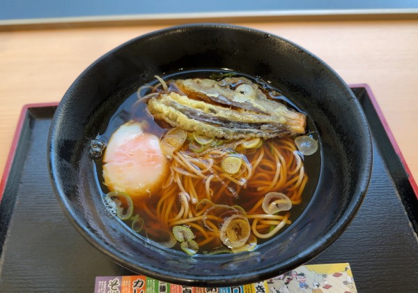 「かけそば(430円)+なす天(80円)+温玉(クーポン)」@ゆで太郎 九段南店の写真