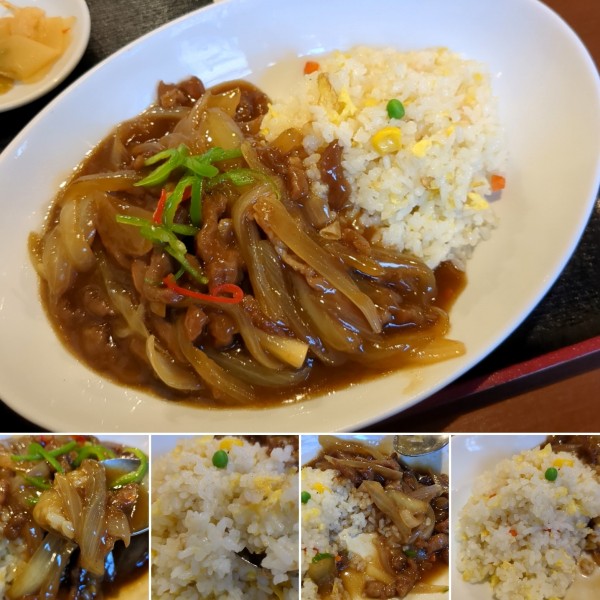 「肉絲と玉葱チャーハン(半ラーメンセット)　800円」@上海陽春麺坊の写真