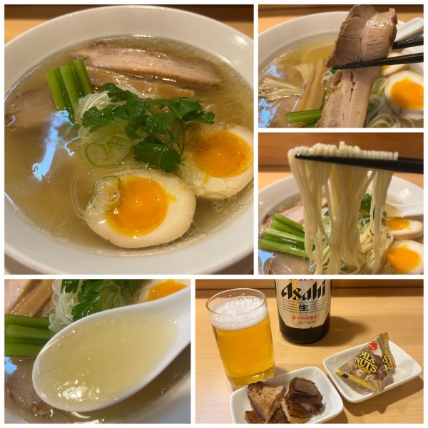 「鯛だし塩そば味玉付き1180円瓶ビール530円」@らーめんDINING れんげの写真