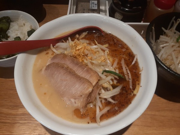 「黒味噌ラーメン＋もやし炒め」@花木流味噌 成増総本店の写真