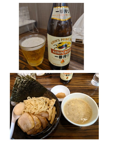 「特製つけ麺＋瓶ビール(一番搾り)」@中華そば わた辺の写真