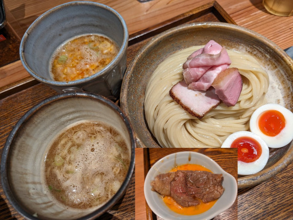 「つけ汁2種味玉つけめん＋黒毛和牛サーロインご飯2100円」@あいだやの写真