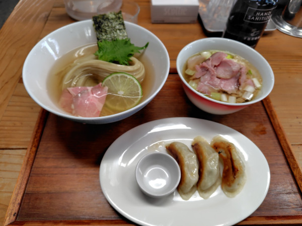 「味玉昆布水つけ麺（塩）肉ちょい増し＋焼餃子3個」@YOKOKURA STOREHOUSEの写真