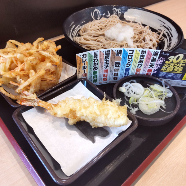 「朝そば（鬼おろし）（￥450）＋海老天（クーポン）」@ゆで太郎 小松長田南店の写真