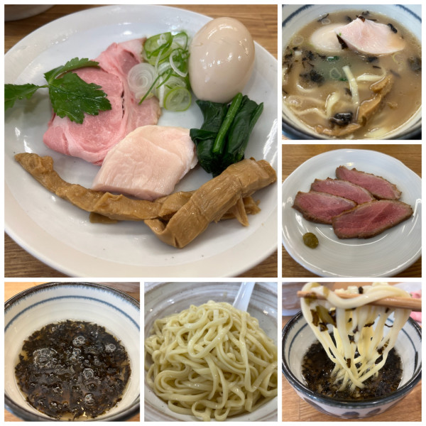 「味玉鯵煮干しと海苔塩つけそば1150円鴨胸肉350円ビール円」@中華そば きなりの写真