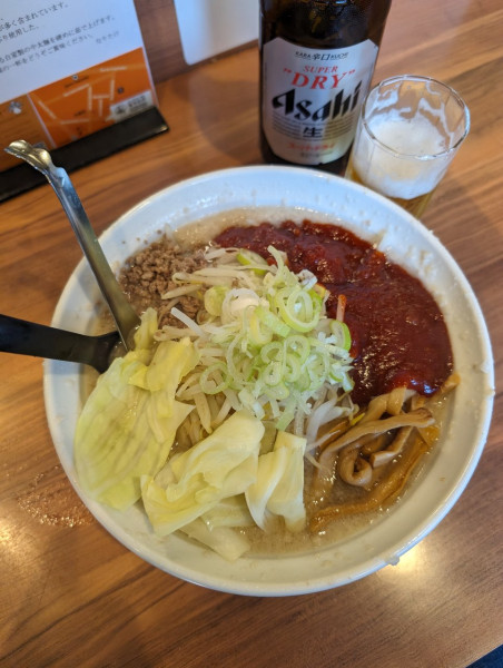 「ビール(中瓶) ＋ 特製旨辛らーめん 普通」@こってりらーめん なりたけ 池袋店の写真