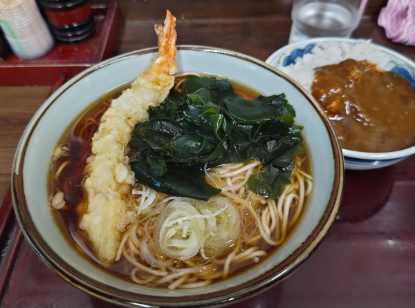 「海老天+わかめそば+ミニカレー丼（サービス定食）」@船堀そば 文殊の写真