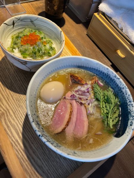 「特製最上鴨中華蕎麦（塩）＋山形だしご飯」@鴨出汁中華蕎麦 麺屋yoshikiの写真