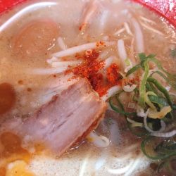 豚骨赤 味玉、替玉、麺固め