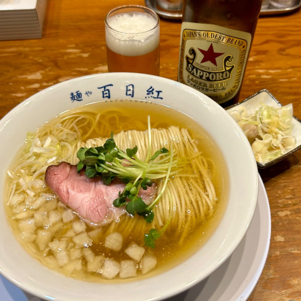 「朝ラーメン 塩＋サッポロ赤星」@麺や百日紅の写真