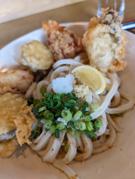 「水ナスとり天ぶっかけうどん・牡蠣天増し」@心温まるうどん うつ輪の写真