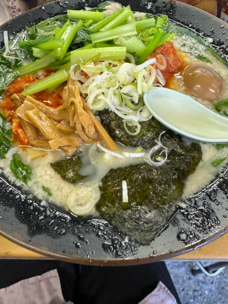 「ホルモンメン800円+小松菜100円+ニラ100円+ホルモン丼4」@屋台ラーメンとんこつ貴生の写真