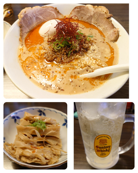 「特製担々麺＋角ハイボール＋ おつまみメンマ」@花笑み中華そば かれんの写真