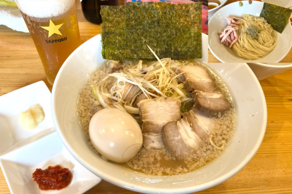 「【限定】背脂正油ネギらーめん+昆布水の和え玉+ビール」@煮干らーめん 川むらの写真