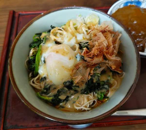 「冷し坦々風温玉付きほうれん草そば+ミニカレー丼」@船堀そば 文殊の写真