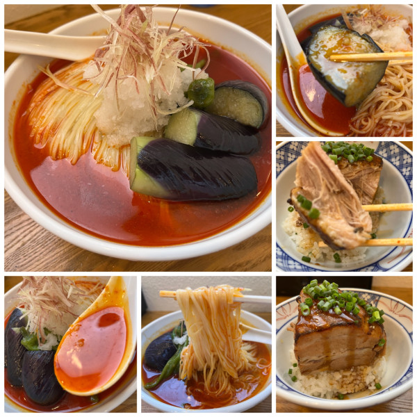 「【限定】夏野菜の冷やしラーメン辛口Ver 1000円 角煮丼」@ぬまちゃんラーメンの写真