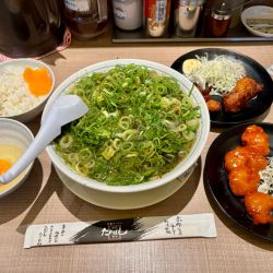 たかばし並ネギW+ハーフセットエビチリ・唐揚げ＋生卵＋小ライ