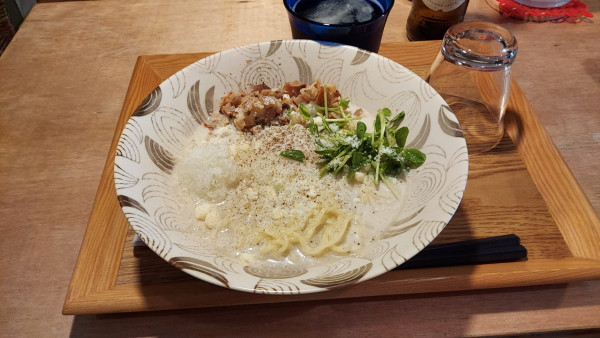 「冷製豆乳カルボナーラ 950円」@伊太そば 豚骨イタリアンラーメンの写真