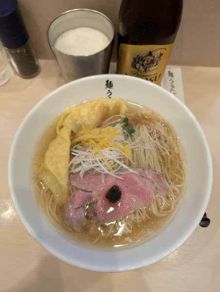 「ゆず塩SOBA ＋ 海老わんたん ＋ エビス中瓶」@麺うらたの写真