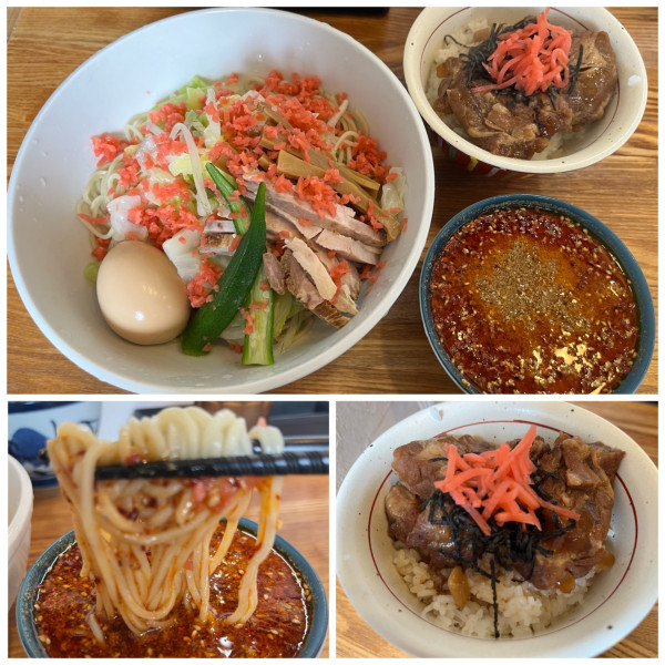 「【季節限定】冷やし辛つけそば1160円豚バラ軟骨ご飯400円」@中華そば専門 とんちぼの写真