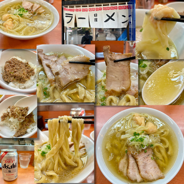 「海老ワンタンメン1050円＋生姜丼＋缶ビール」@日陰の写真