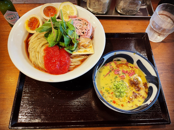 「限定　ムール貝とずんだのソイラテで食べるトマト水つけ麺」@麺屋58の写真